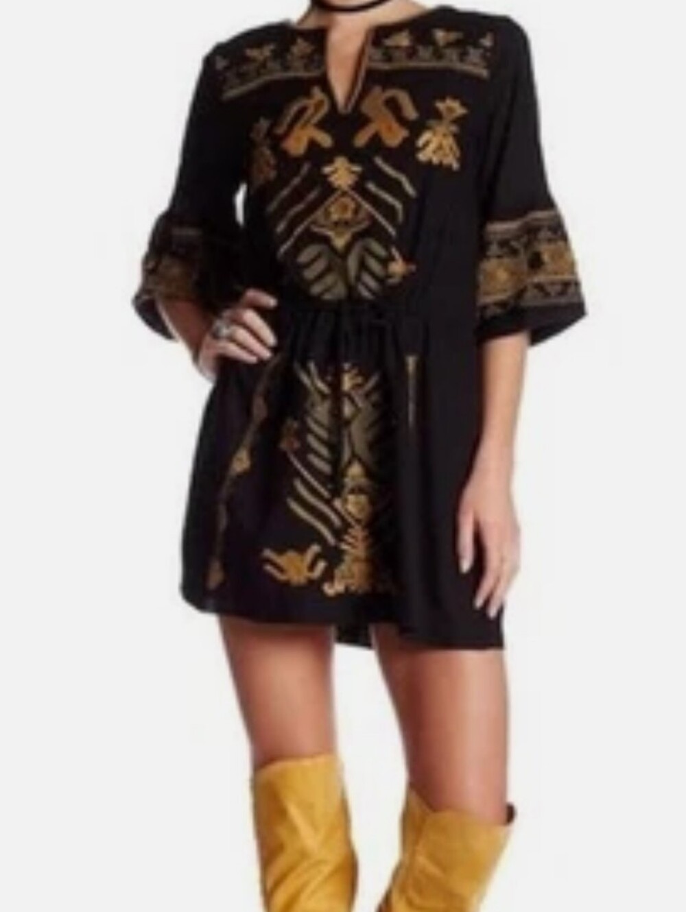 Free People Anouk Black Embroidered Mini Dress Wmn S Gold Olive Boho Cowgirl